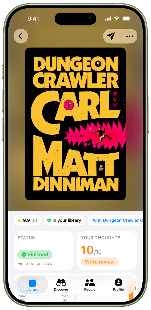 A book detail page in LaterRex, showing Dungeon Crawler Carl