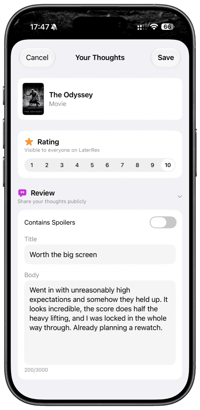 Rating and reviewing a movie in LaterRex