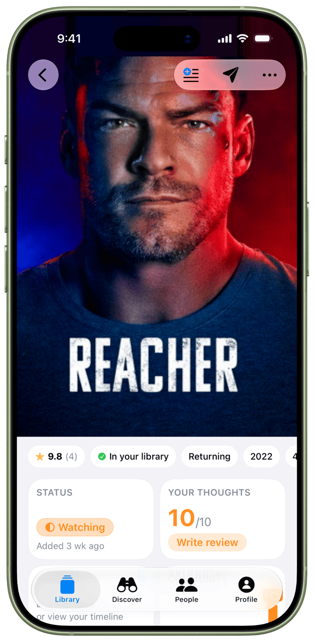 A TV show page in LaterRex, showing Reacher