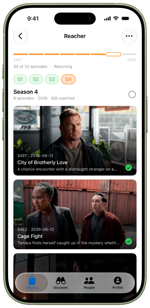 The episodes view in LaterRex, showing Reacher's four seasons and the next episode up